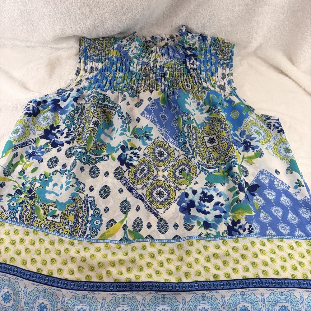 Chenault Smocked High Neck Sleeveless Blouse XL Blue Green Paisley Boho Festival